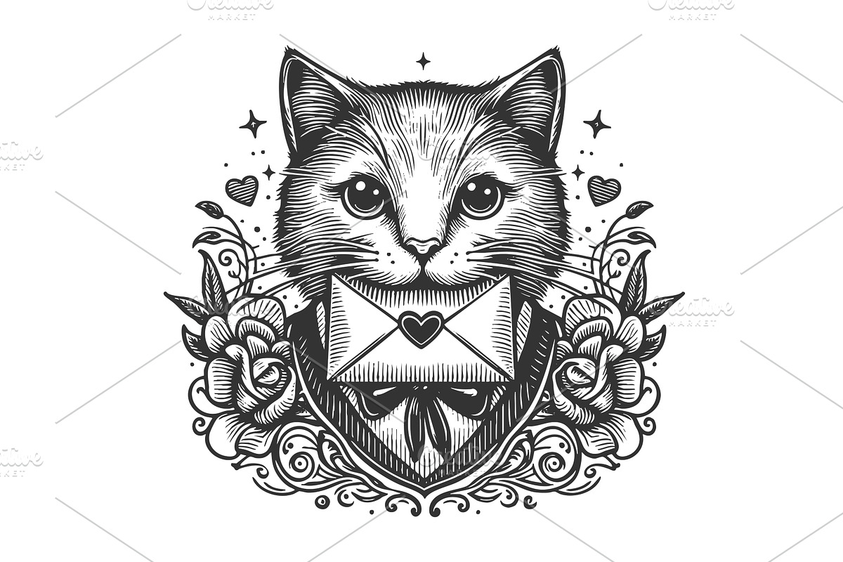 Cute vintage cat holding love letter, an Animal Illustration by AlexArt