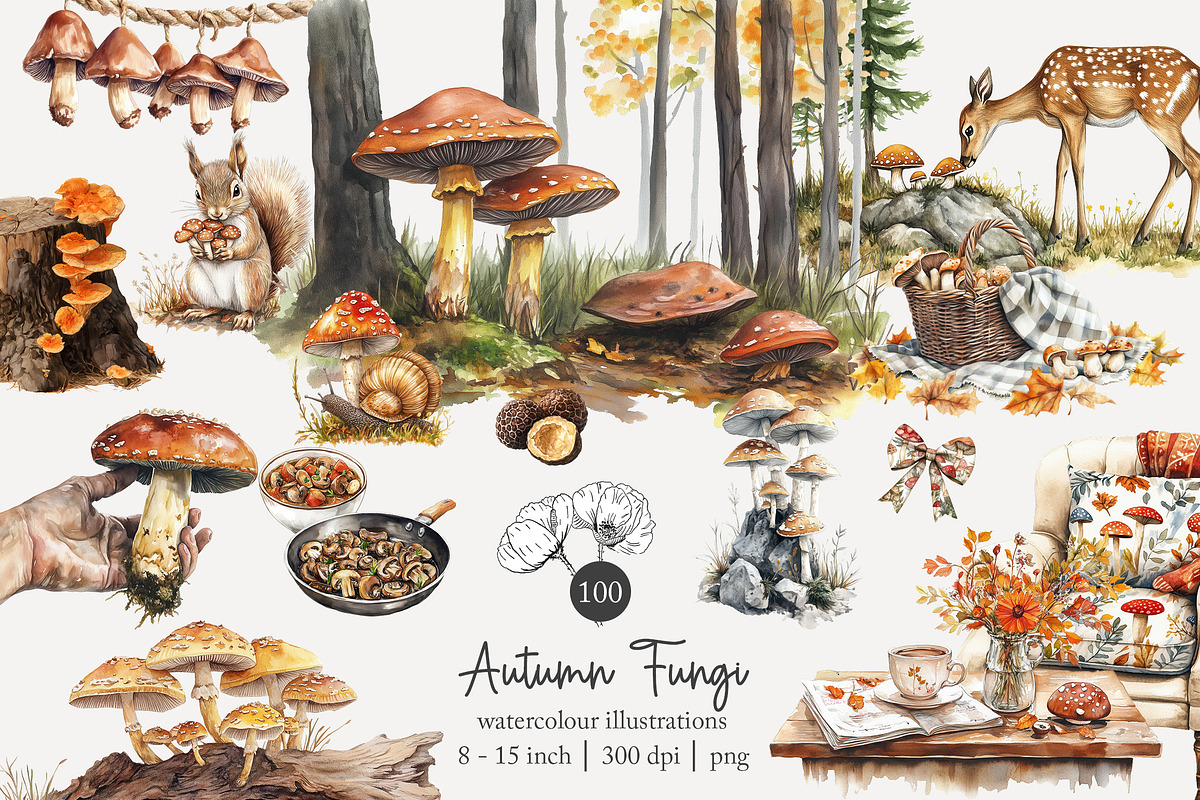 100 autumn mushroom clip art, a Seasonal Illustration by Poppy Lane Studio (Photo 1 of 11)
