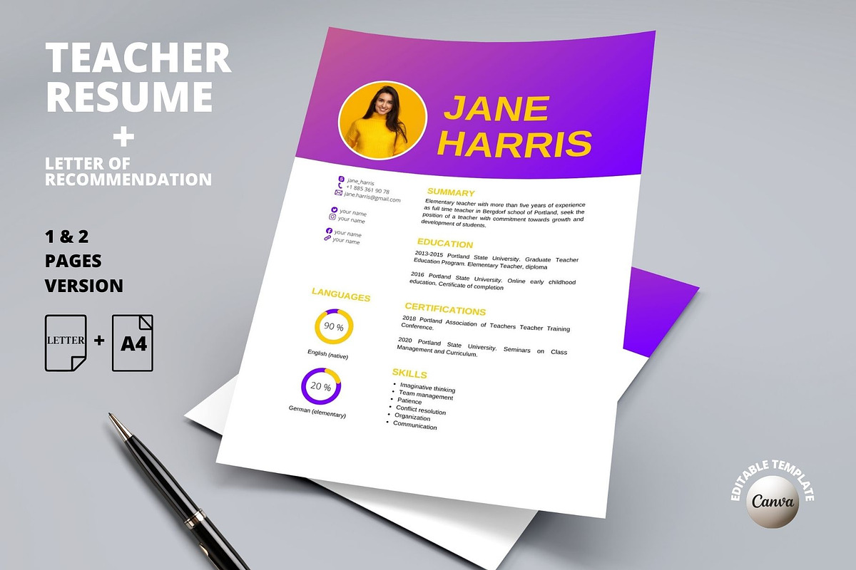Teacher Resume Template |Canva, a Resume Template by MediaKitTemplates (Photo 6 of 10)
