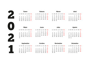 2021 Year Simple Calendar In Spanish