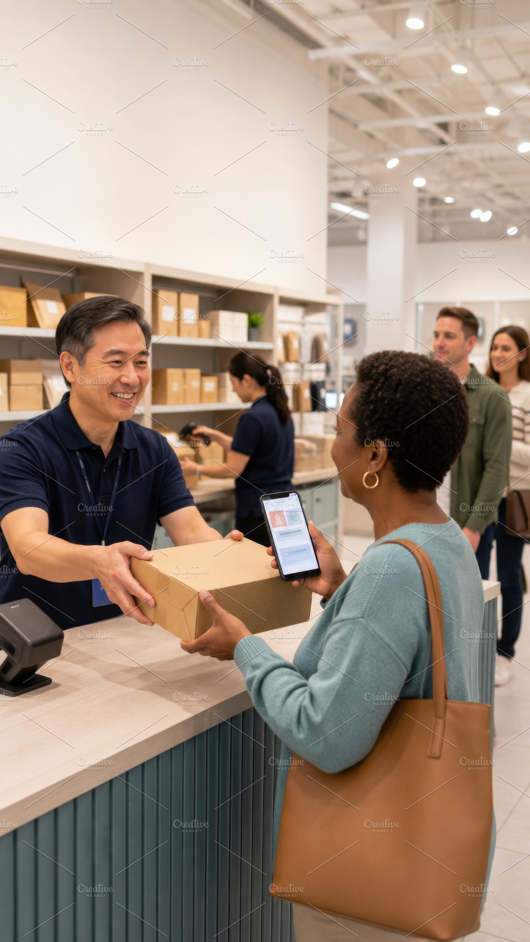 Customer receiving package at store, a Photo by Dvoevnore photos