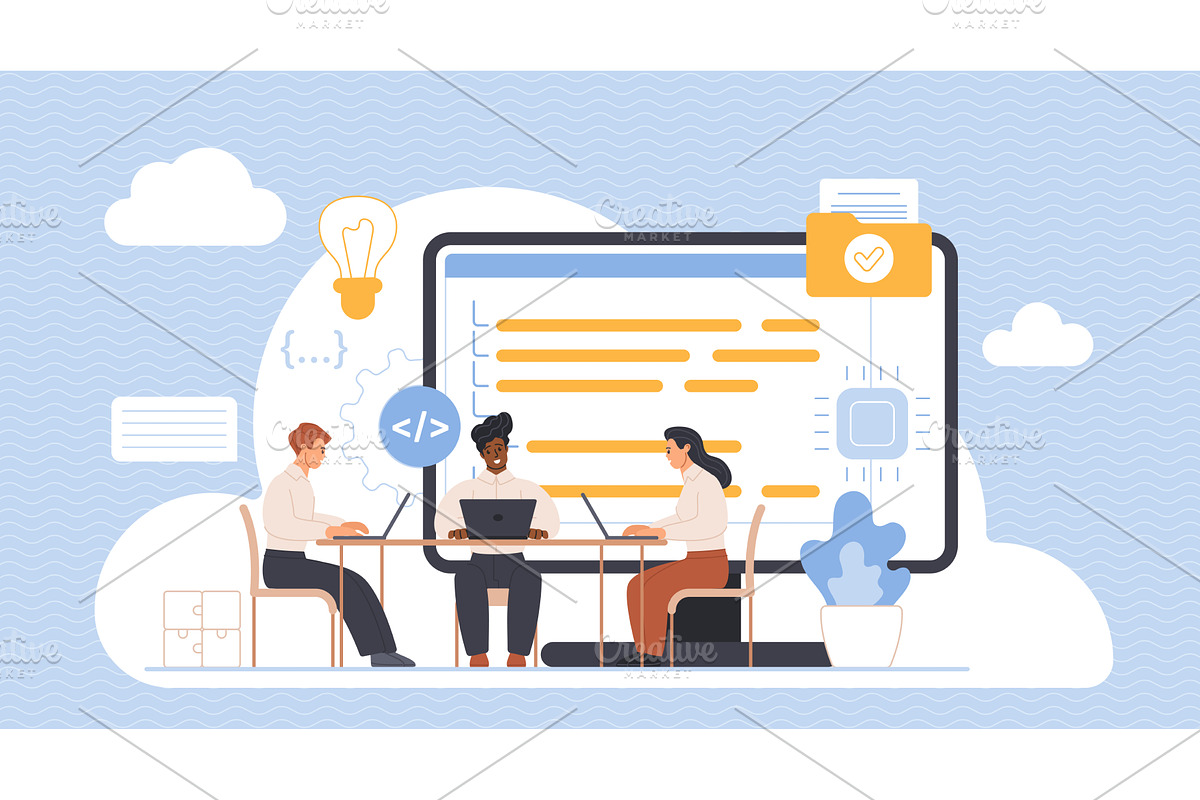Team software developers working, a Technology Illustration by Lemberg Vector