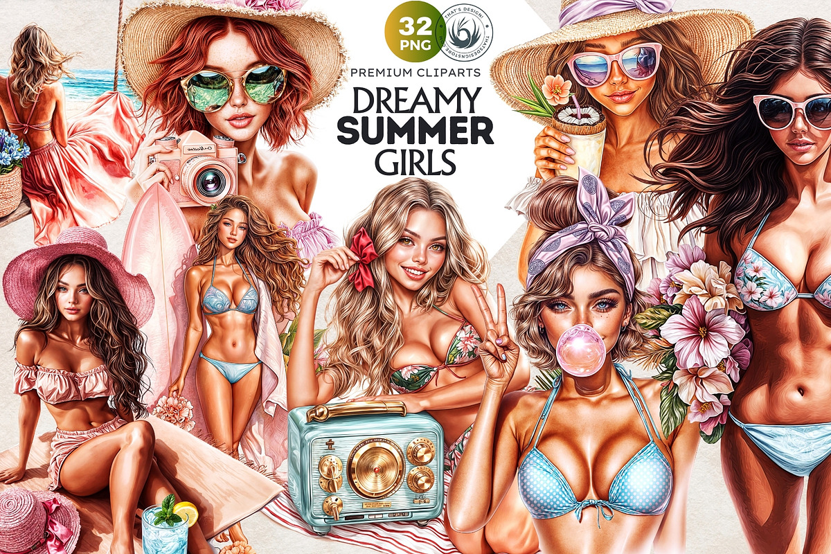Dreamy Summer girls Clipart Set, a Person Illustration by ThatsDesignArt (Photo 1 of 10)