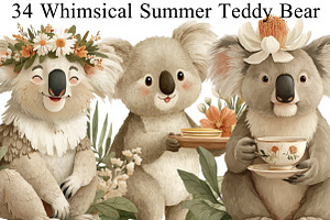 Whimsical Summer Teddy Bear Clipart, an Illustration by DreamArtGraphic