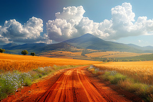 Curving red dirt road through golden wheat fields with wildflowe, a Nature Photo by José Manuel Gelpi