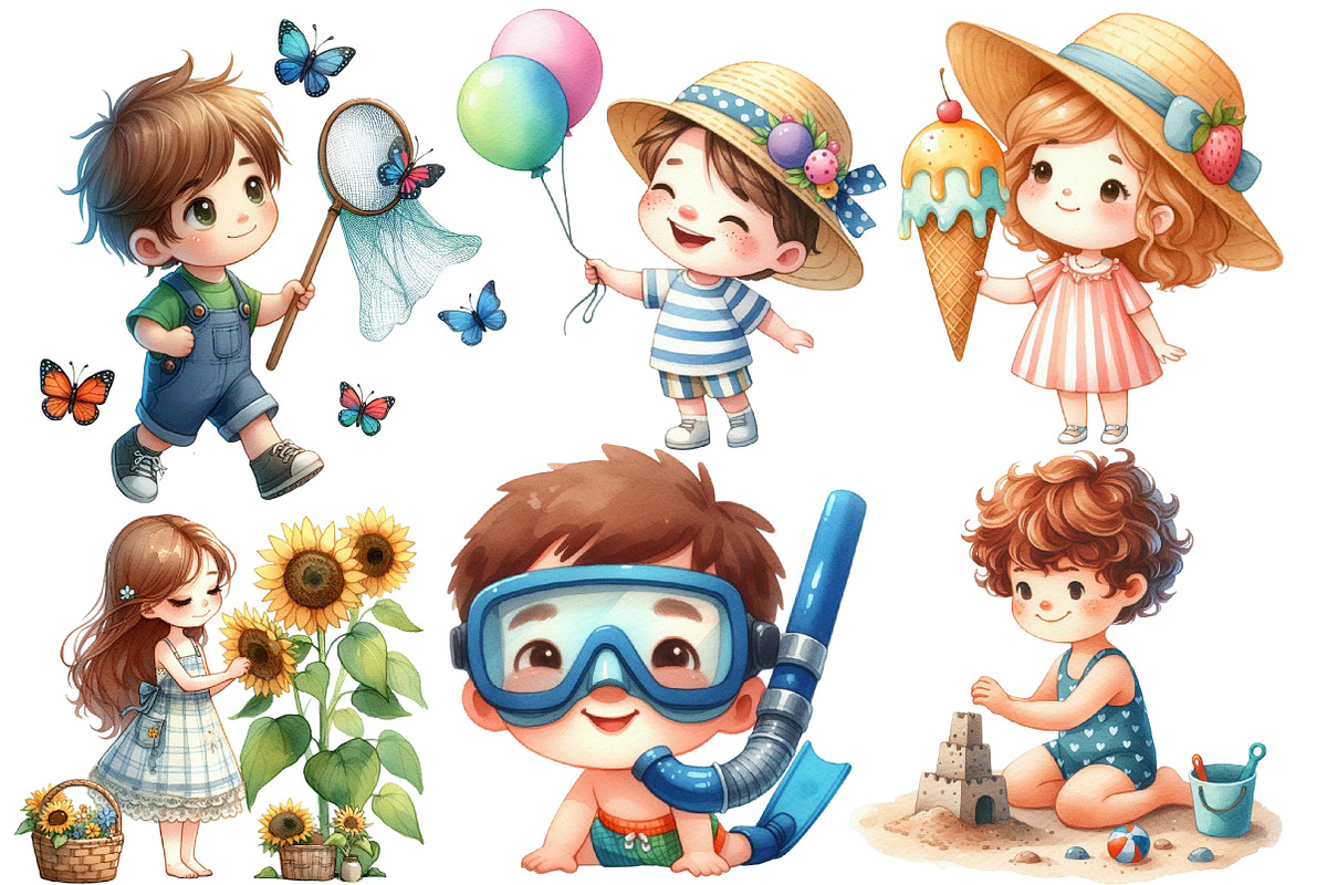 Summer Kids Watercolor Clipart, an Illustration by Designworld (Photo 2 of 4)