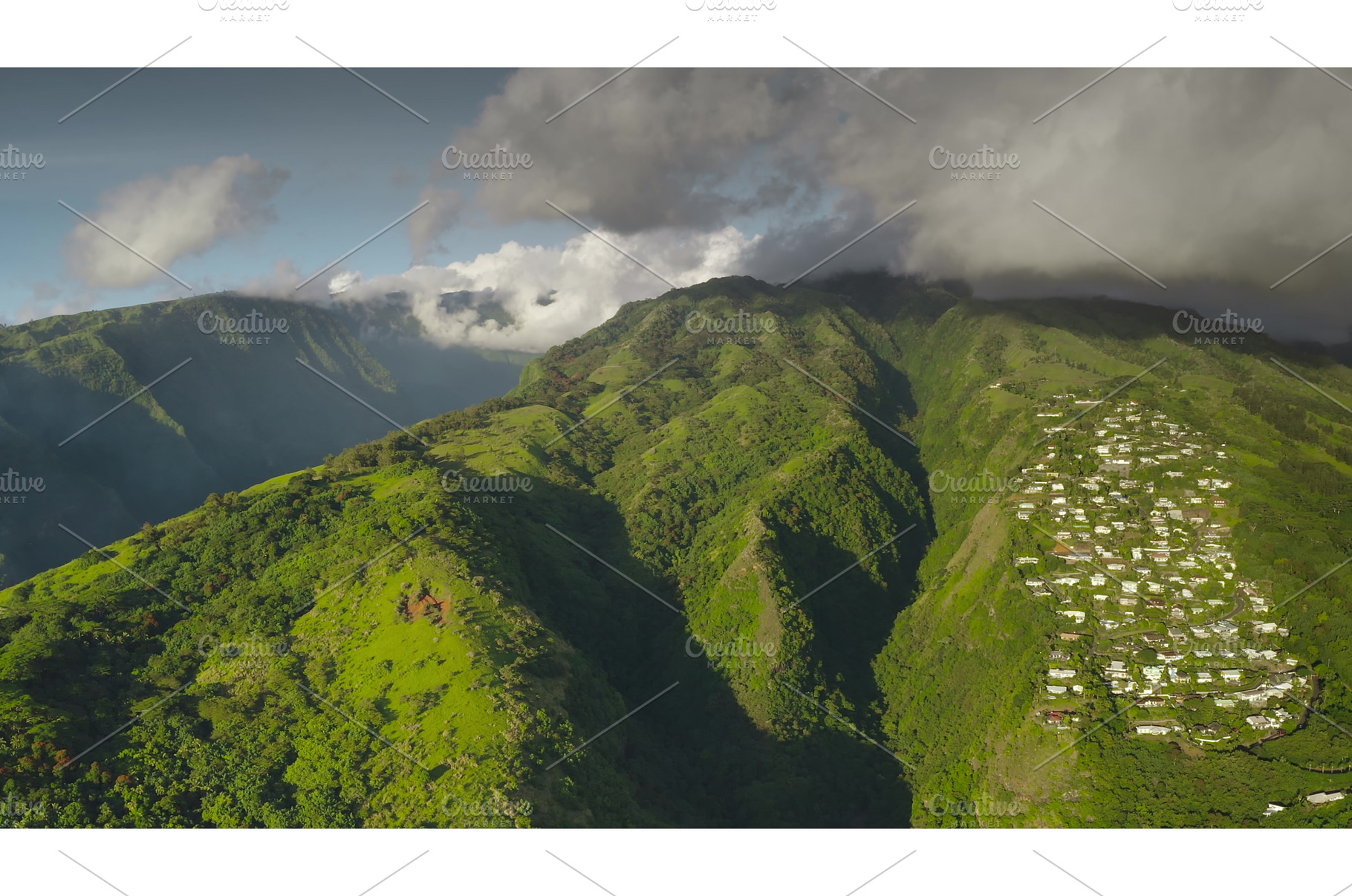 Lush tropical island houses nestled, a Nature Photo by Goinyk