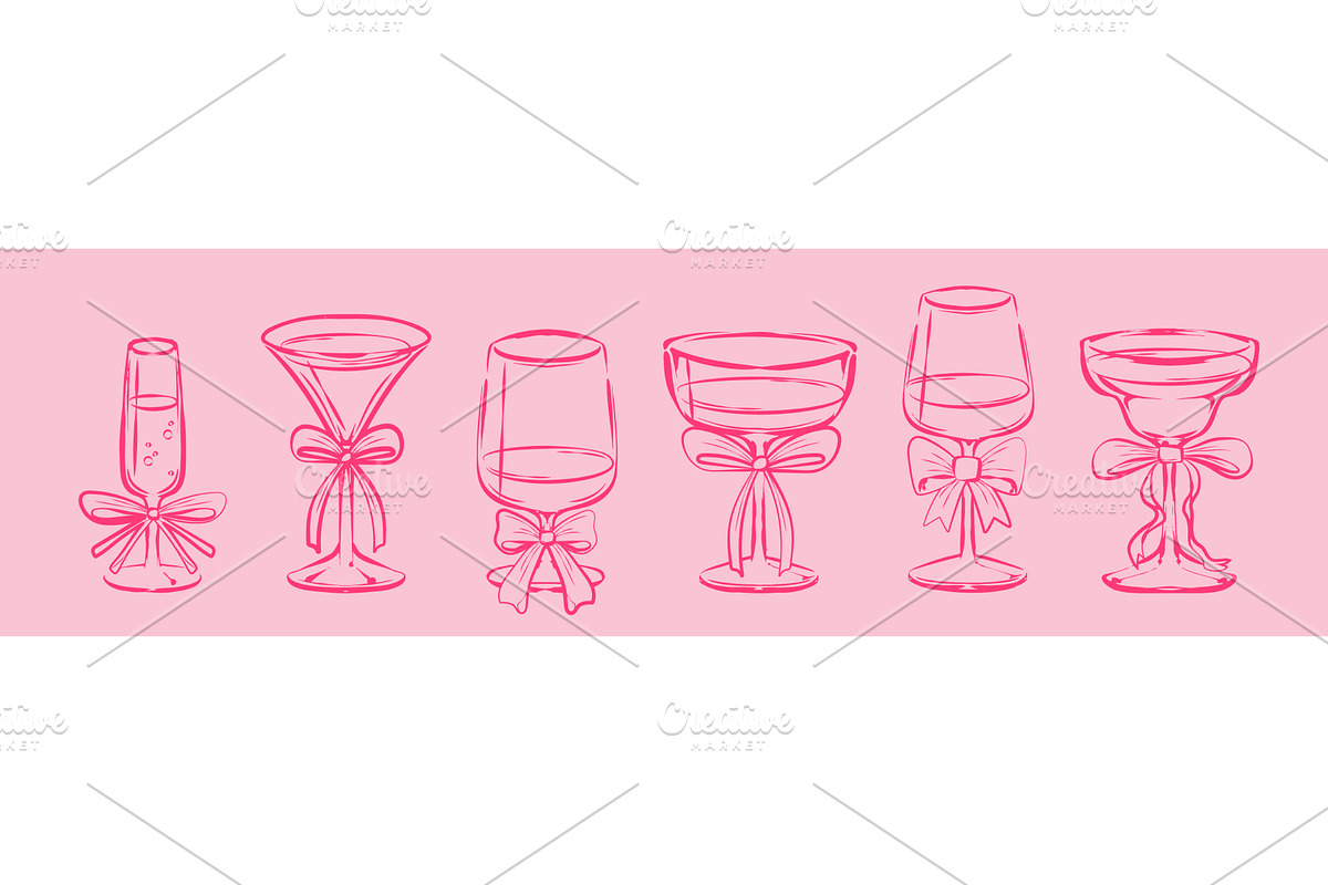 Cocktail glass set with pink bow, a Food Illustration by art PVP - market