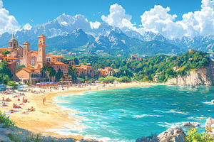 Scenic Mediterranean beach with historic church, colorful buildi, a Person Photo by José Manuel Gelpi