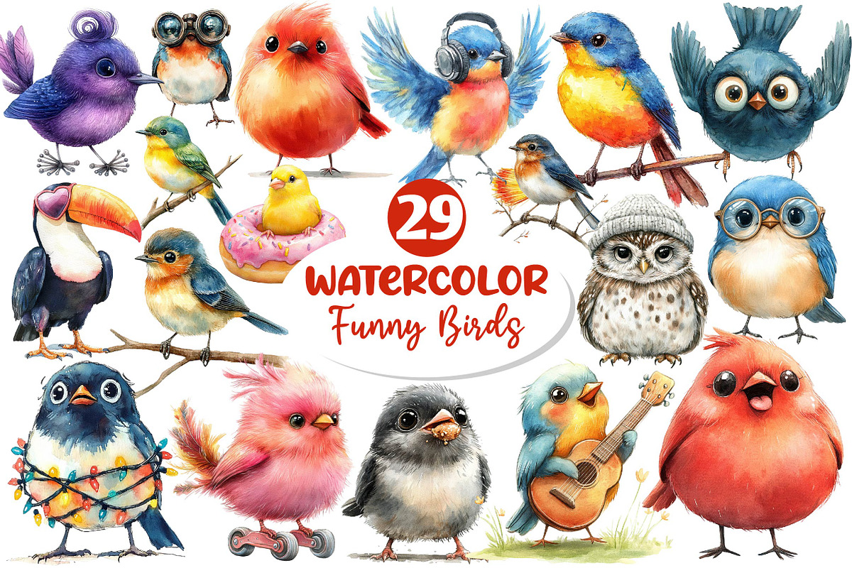 Cute Quirky Funny Birds Clipart, an Illustration by Dream Creation (Photo 1 of 6)