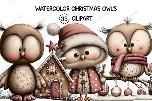 Watercolor Christmas Owls Clipart, an Illustration by Creative Art