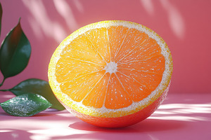 Brightly colored orange half placed, a Photo by Tanuart