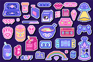 Pixel Art 8 Bit Icons. Video Arcades