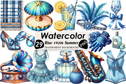 Watercolor Blue 1920s Summer Clipart, an Illustration by Black Bird Studio (Thumbnail 1 of 6)