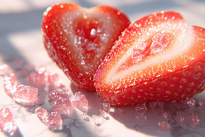 Close-up view of strawberry halves sprinkled with sugar on a marble surface in, a Food & Drink Photo by AlyaAnd