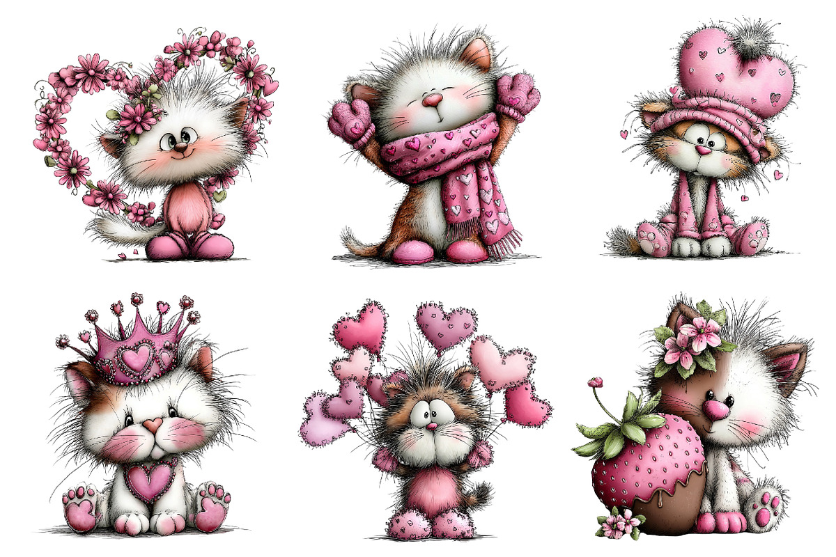Valentine's Whimsical Cats Clipart, an Illustration by Dream Creation (Photo 3 of 7)