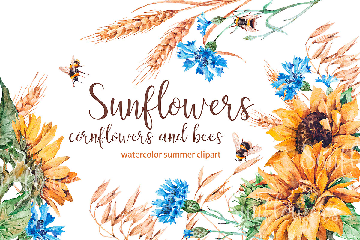 Watercolor sunflowers, cornflowers, an Illustration by Alamella (Photo 1 of 4)