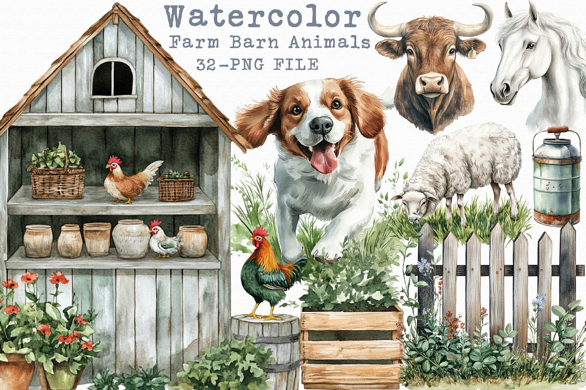 Watercolor Farm Barn Animals Clipart, an Illustration by Libby Wishes (Photo 1 of 4)