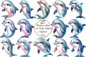 Watercolor Cute Baby Dolphin Clipart, an Illustration by CraftArtStudio