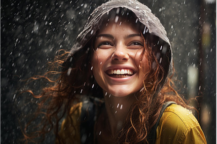 Smiling woman rain. Generate Ai, a Person Photo by Ylivdesign