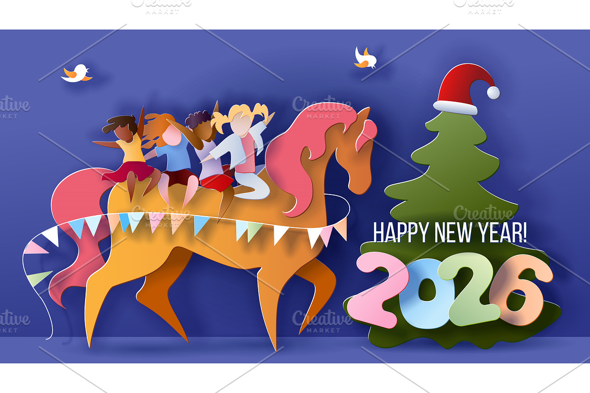 Children riding horse new year 2026, a Person Illustration by Valenty