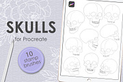 Skulls procreate stamp brushes, a Brush Add-On by Veronika Gotovceva (Thumbnail 1 of 3)