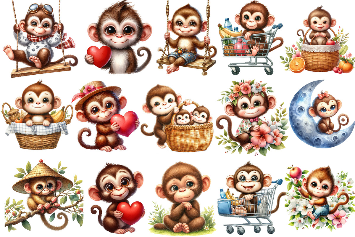 Watercolor Funny Monkey Clipart, an Illustration by CraftArtStudio (Photo 2 of 5)