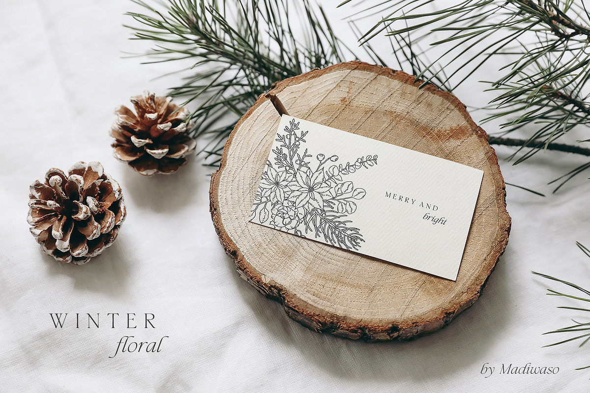 WINTER FLORAL Christmas line art set, a Decorative Illustration by Madiwaso (Photo 7 of 9)