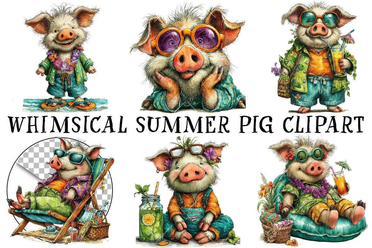 Whimsical Summer Pig Clipart, an Illustration by OK Design (Photo 2 of 6)