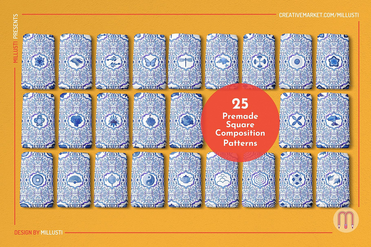 Chinoiserie Blue Watercolor Patterns, a Pattern Graphic by Millusti (Photo 8 of 11)