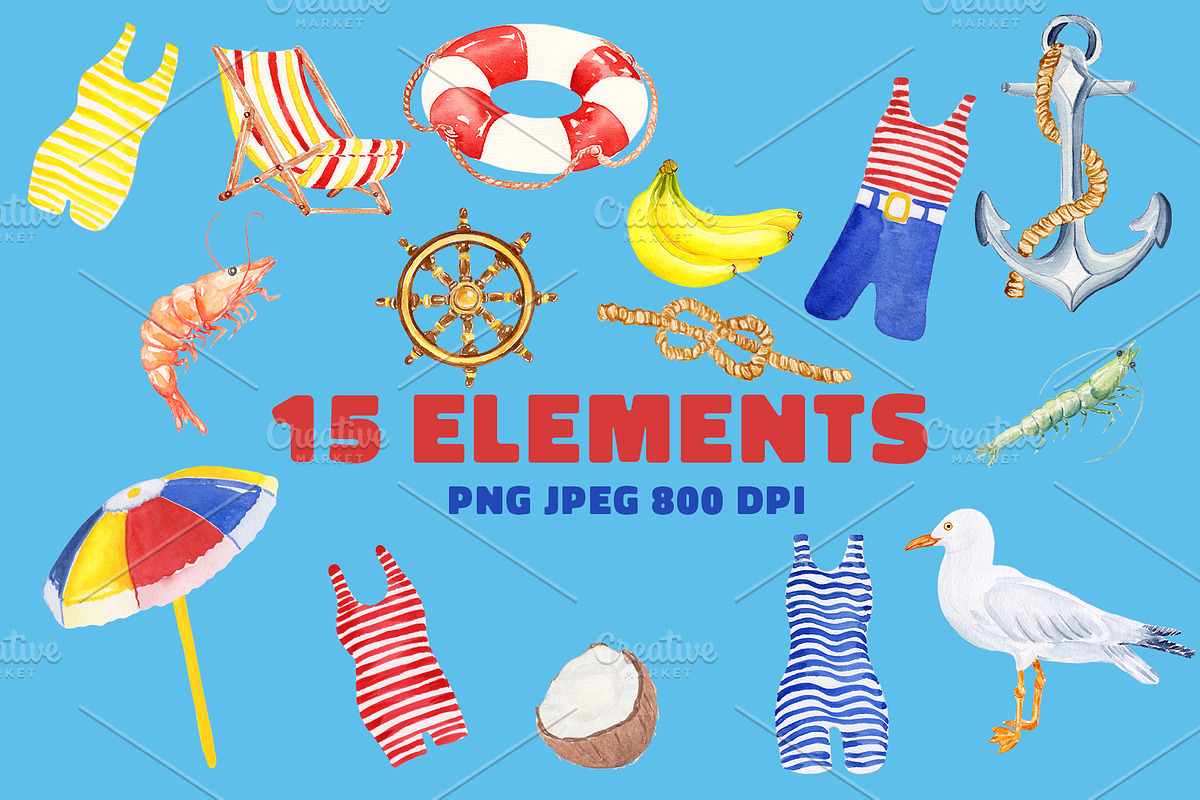 Summer Beach Clipart Set watercolor, an Object Illustration by Olexandra Mur (Photo 3 of 7)