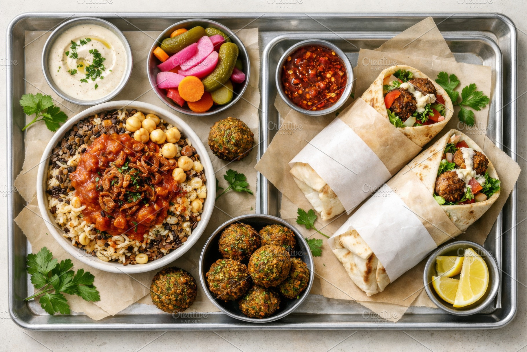 Egyptian cuisine platter featuring w, a Photo by Dvoevnore photos