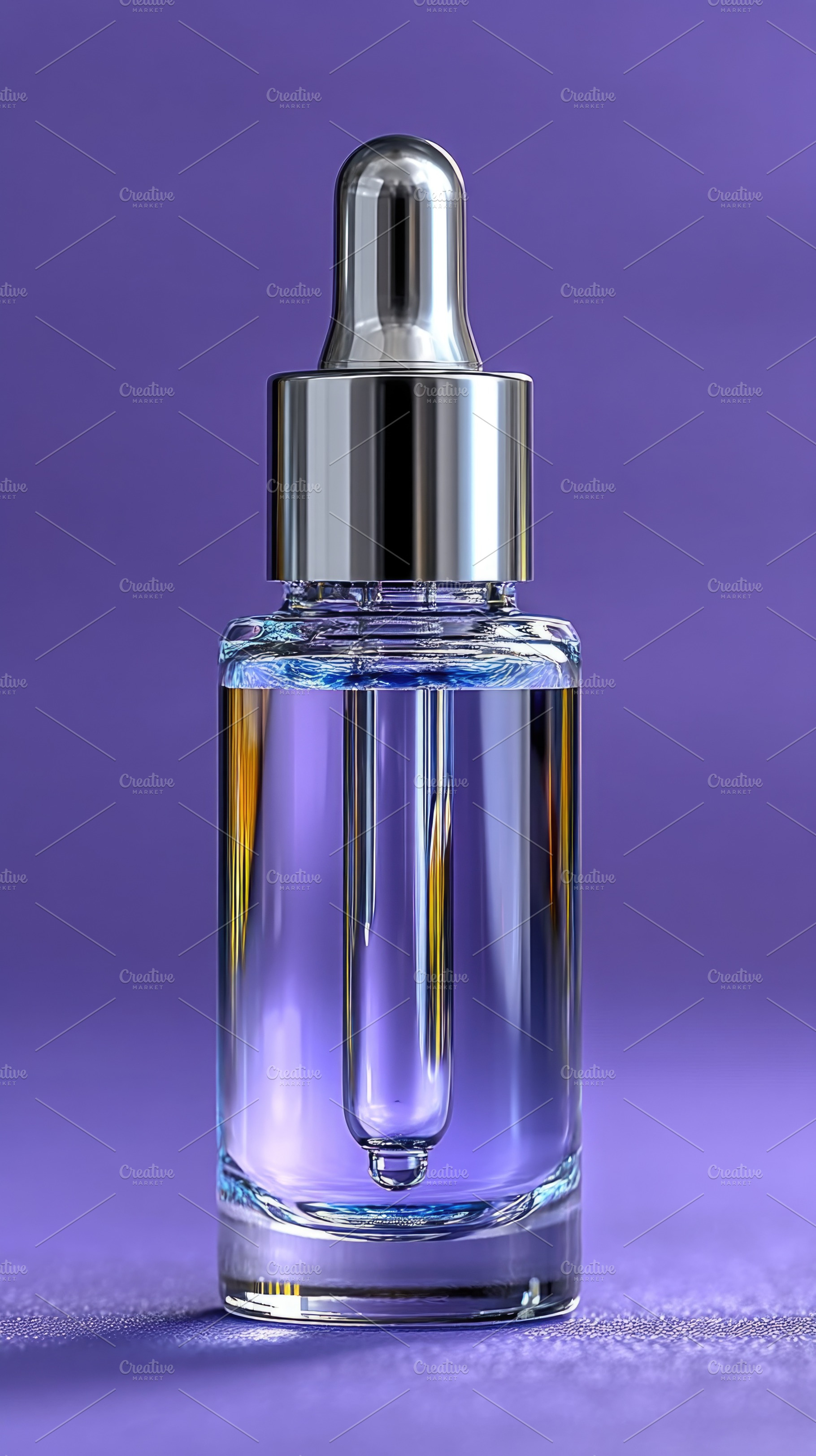 Luxury skincare serum bottle with dropper on purple background,, a Food & Drink Photo by José Manuel Gelpi