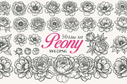 Peony Flower Line Art Illustration, a Decorative Illustration by Kusumaillustration (Thumbnail 1 of 15)