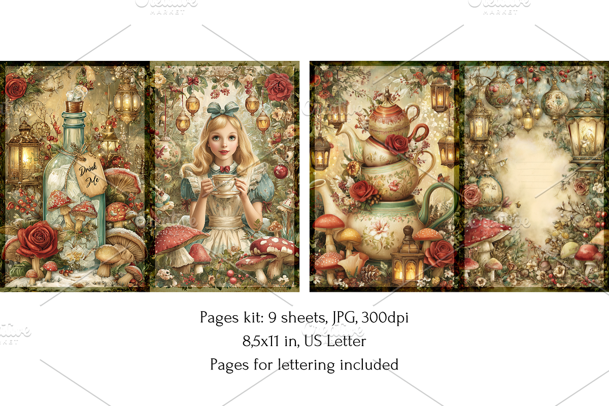 Christmas Alice Junk Journal Pages, a Seasonal Illustration by Print Haven Mochi Vintage (Photo 2 of 11)
