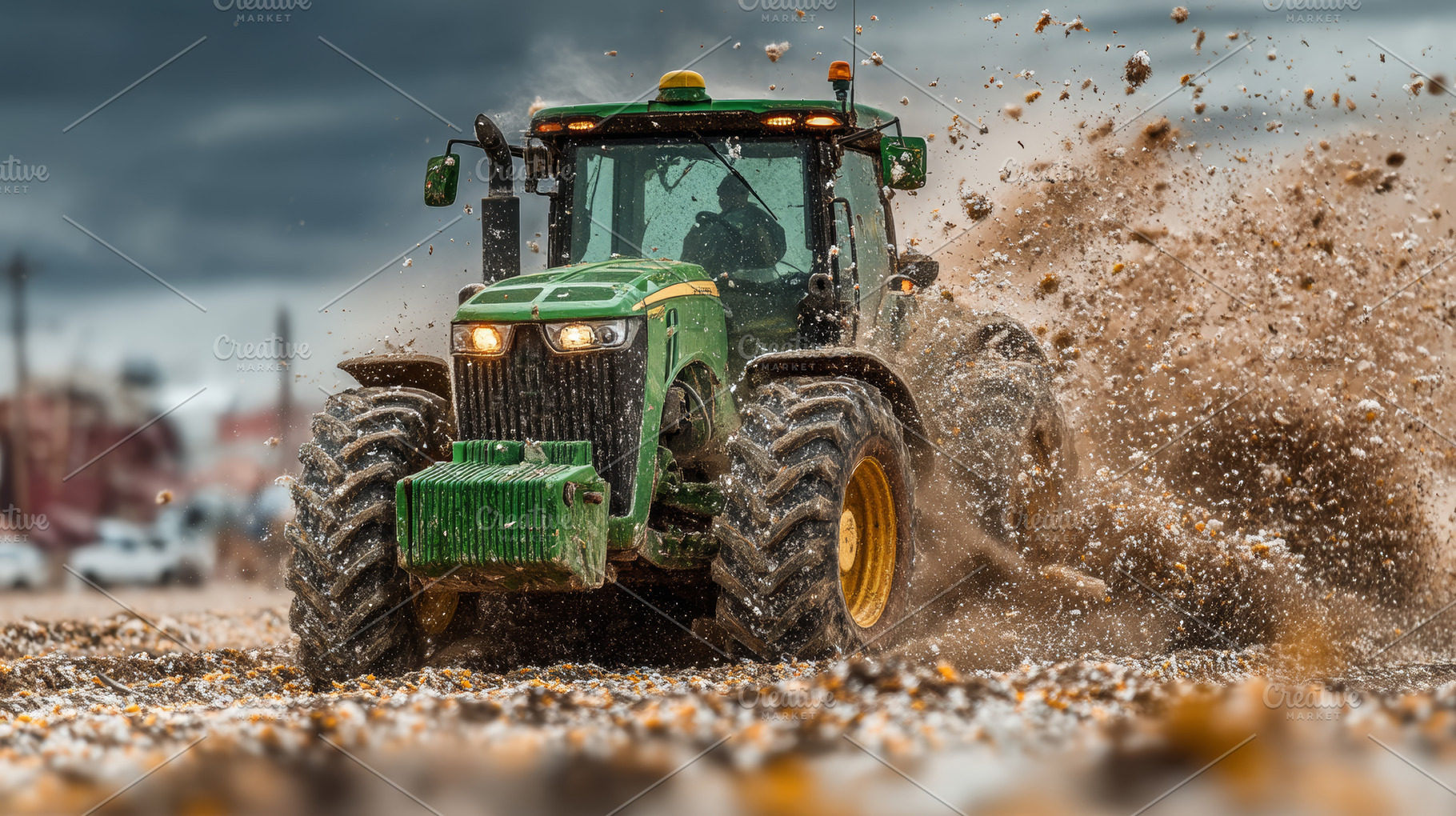 Green tractor plowing muddy field under stormy sky creating dynamic motion, a Photo by AS photostudio