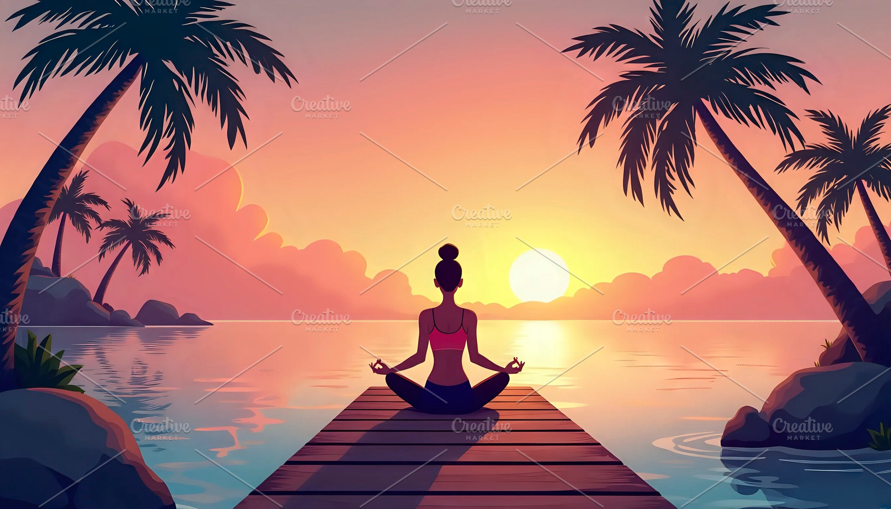 Island Sunset Yoga On Wooden Pier Vi, a Photo by LOGOCREATIVE