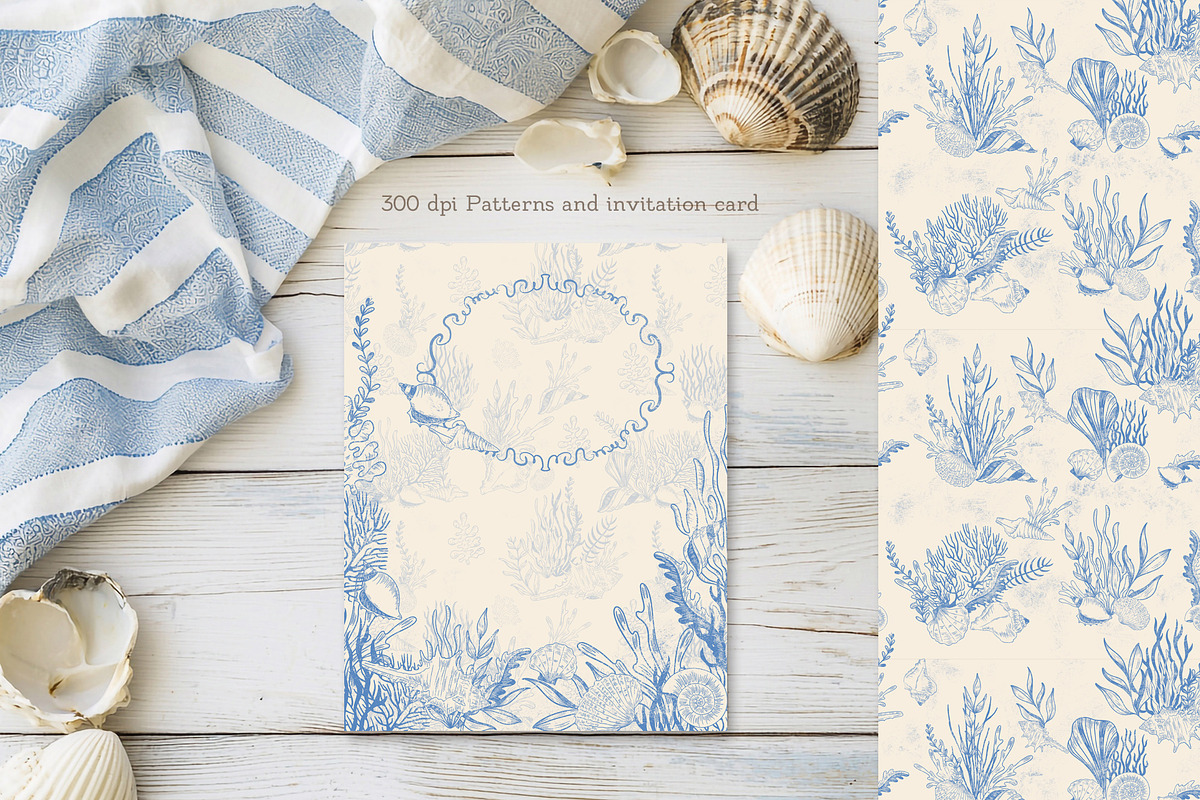 Blue Toile Ocean Set, a Texture Illustration by AlenaVlasko stock Market (Photo 3 of 7)