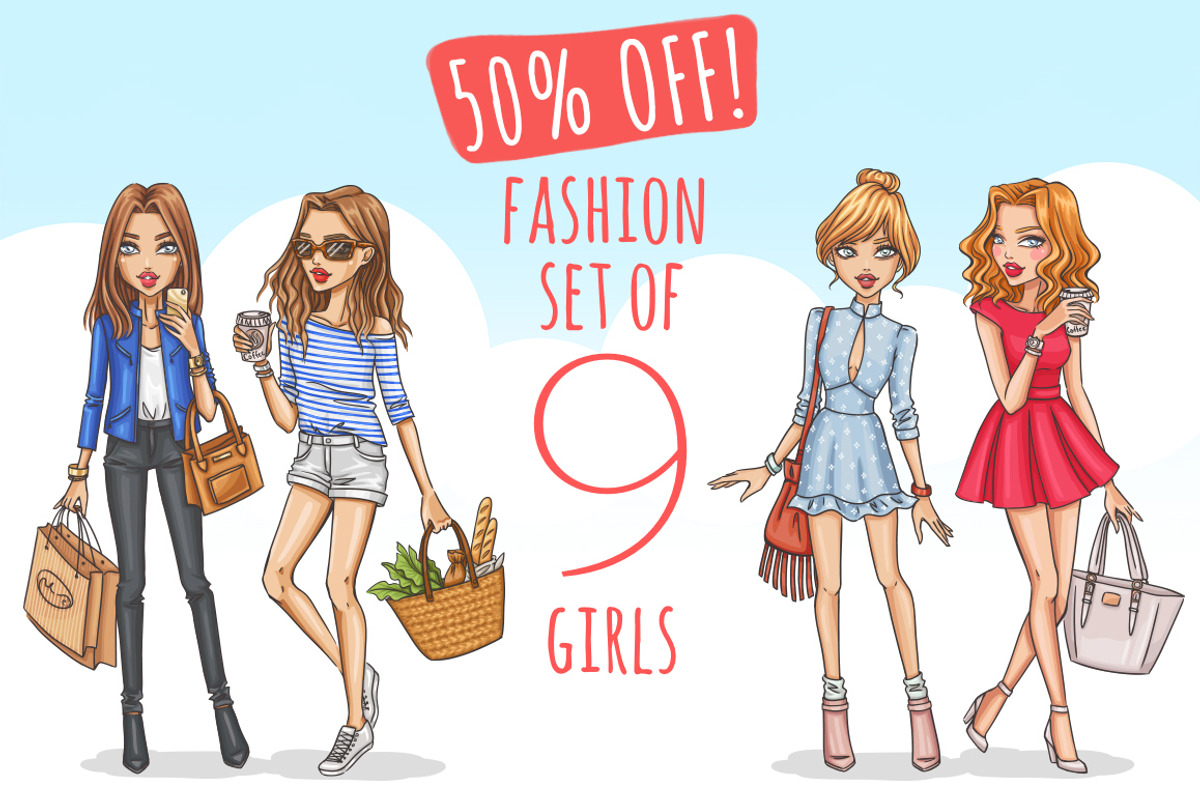 Fashion set of 9 girls, an Illustration by Bigio Designs (Photo 1 of 2)