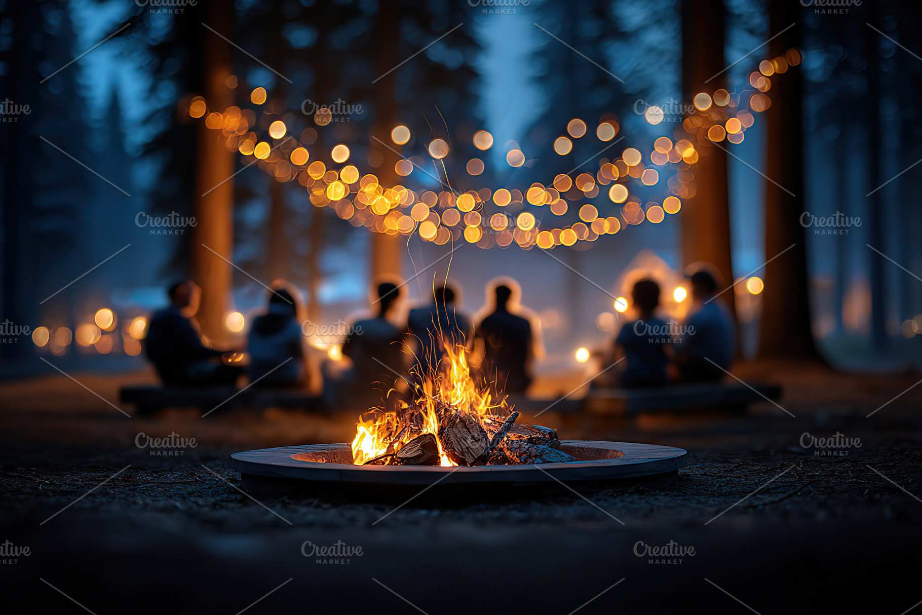 Friends enjoy a cozy evening around a campfire under twinkling lights in the wo, a Photo by AlyaAnd