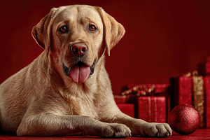Festive Labrador Dog Portrait With Red Holiday Presents and Copy, a Holiday Photo by José Manuel Gelpi