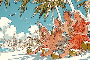 Group of friends enjoying drinks on tropical beach under palm trees, a Photo by AS photostudio