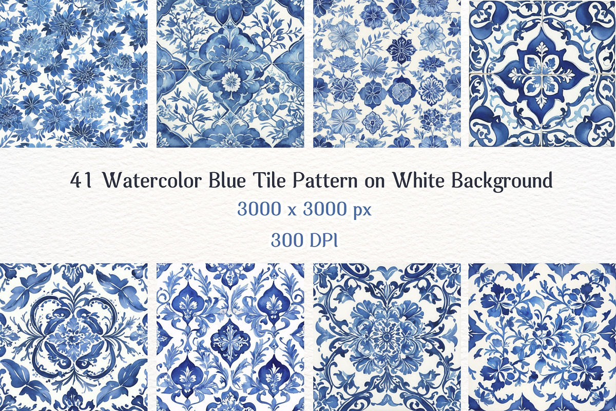 41JPG Watercolor Blue Tile Patterns, a Pattern Graphic by Vachira Digital Studio (Photo 3 of 5)
