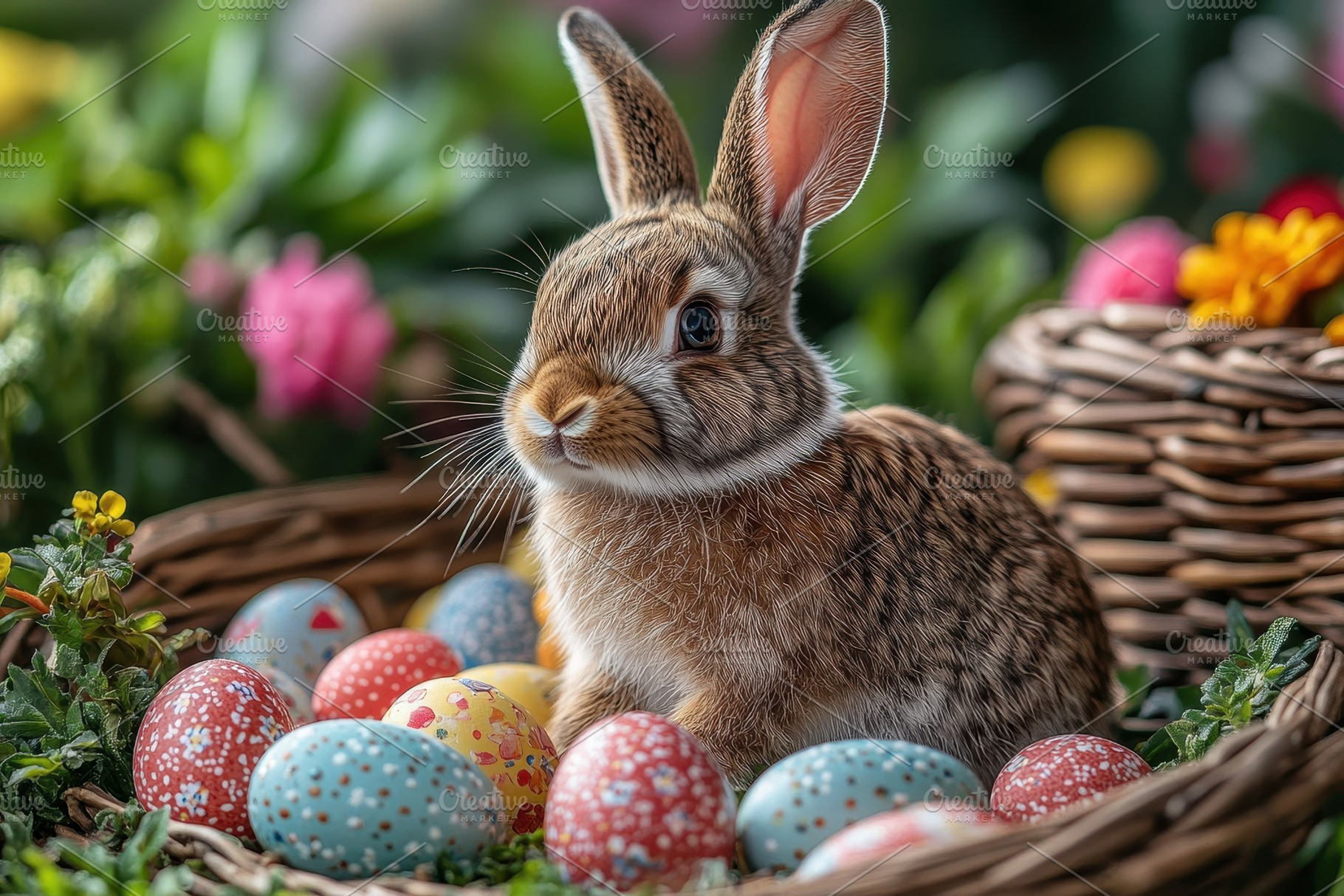 Cute rabbit surrounded by colorful E, a Photo by Tanuart