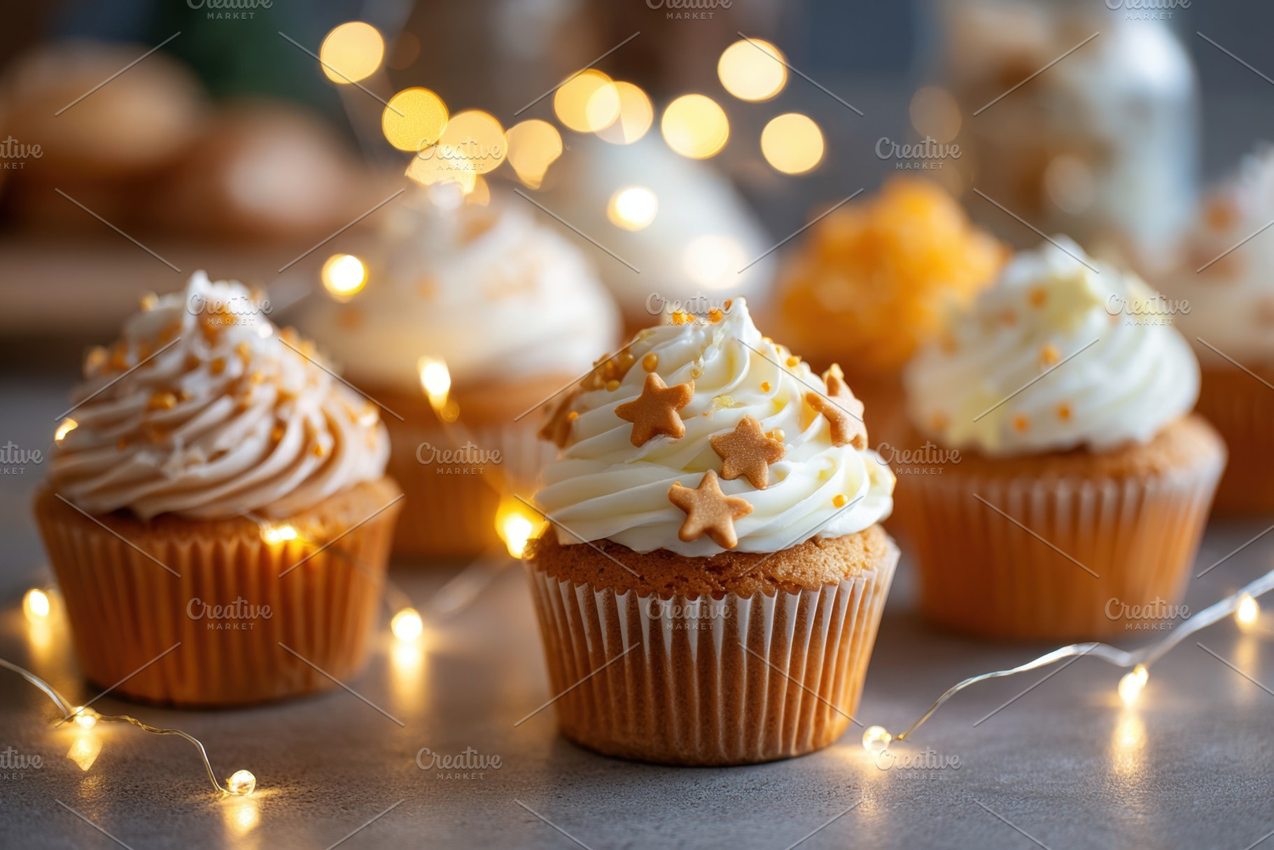 Festive cupcakes decorated for christmas holiday on blurred lights background, a Food & Drink Photo by AlyaAnd