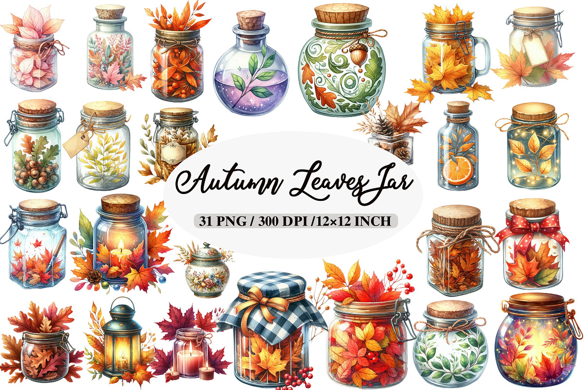 Watercolor Autumn Leaves Jar Clipart, an Illustration by Daily.Designs (Photo 1 of 5)