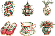 Chinoiserie Red & Green Christmas, an Illustration by CraftArtStudio (Thumbnail 2 of 6)