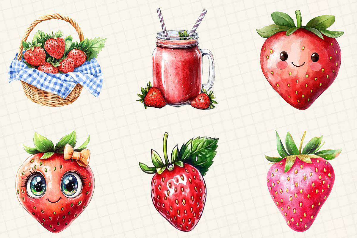 Watercolor Cute Strawberry Clipart, an Illustration by OK Design (Photo 2 of 5)