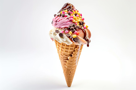 Colorful ice cream with sprinkles in waffle cone on white background, a Food & Drink Photo by AlyaAnd