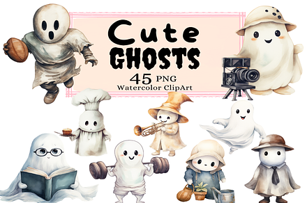 The Cute Ghosts Collection Clipart, a Seasonal Illustration by Watercolor Digital